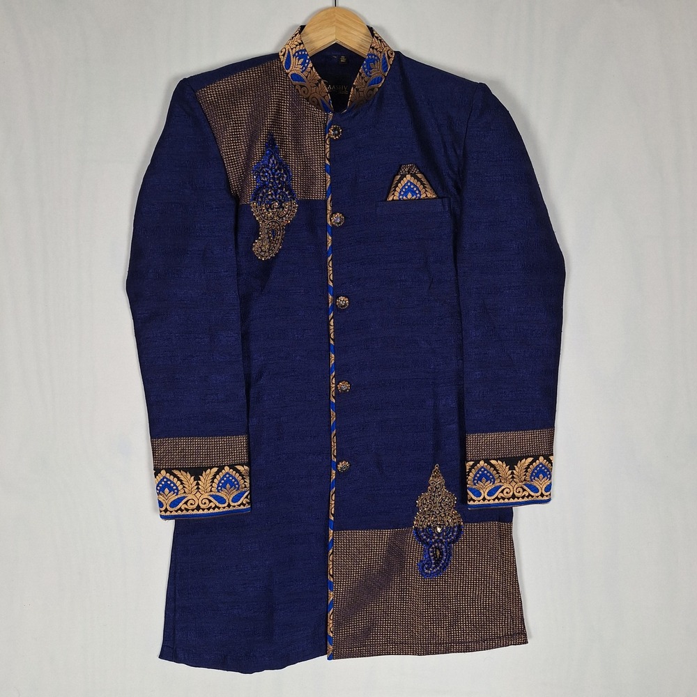 Aashv Creation Indian Sherwani Tunic Embroidered Indo-Western Navy Blue Men 38